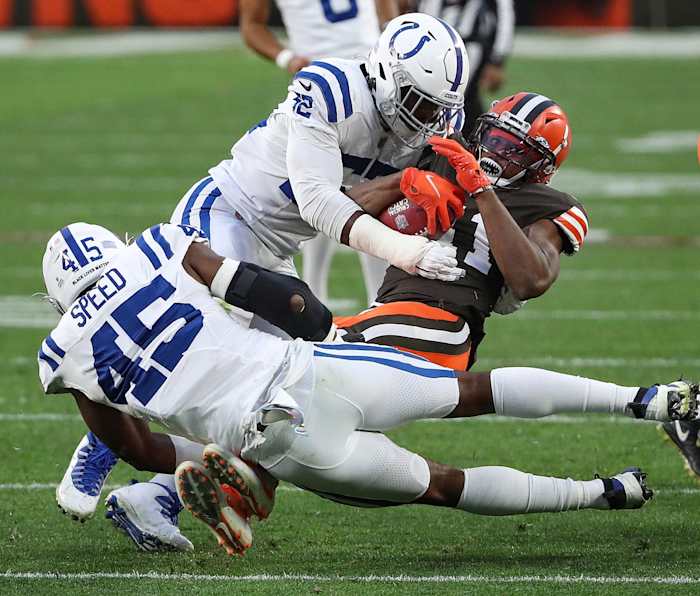 Indianapolis Colts defensive end Ben Banogu (52) tackles Cleveland Browns wide receiver Donovan Peoples-Jones (11) during the third quarter of the NFL week 5 game at First Energy Stadium in Cleveland, Ohio, on Sunday, Oct. 11, 2020. The Browns won, 32-23.
Indianapolis Colts At Browns At First Energy Stadium In Nfl Week 5 Cleveand Ohio Sunday Oct 11 2020